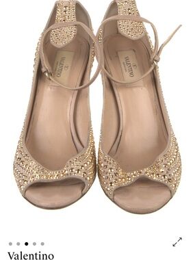 Valentino Nude Crystal-Embellished Peep-Toe Ankle Strap Heels